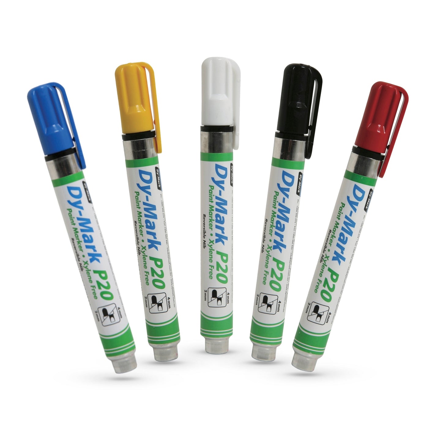 Five DY-Mark P20 paint markers in different colors on a white background